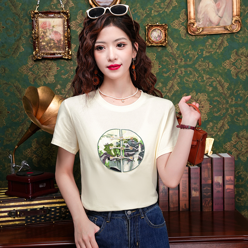 國風刺繡盤扣裝飾短袖T恤女2024早春新款洋氣內搭打底衫體恤上衣