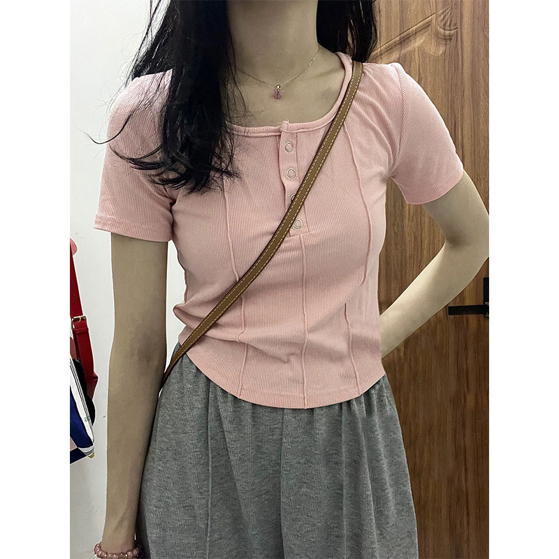 官圖莫代爾夏季修身短袖t恤女純欲辣妹設計感短款上衣女