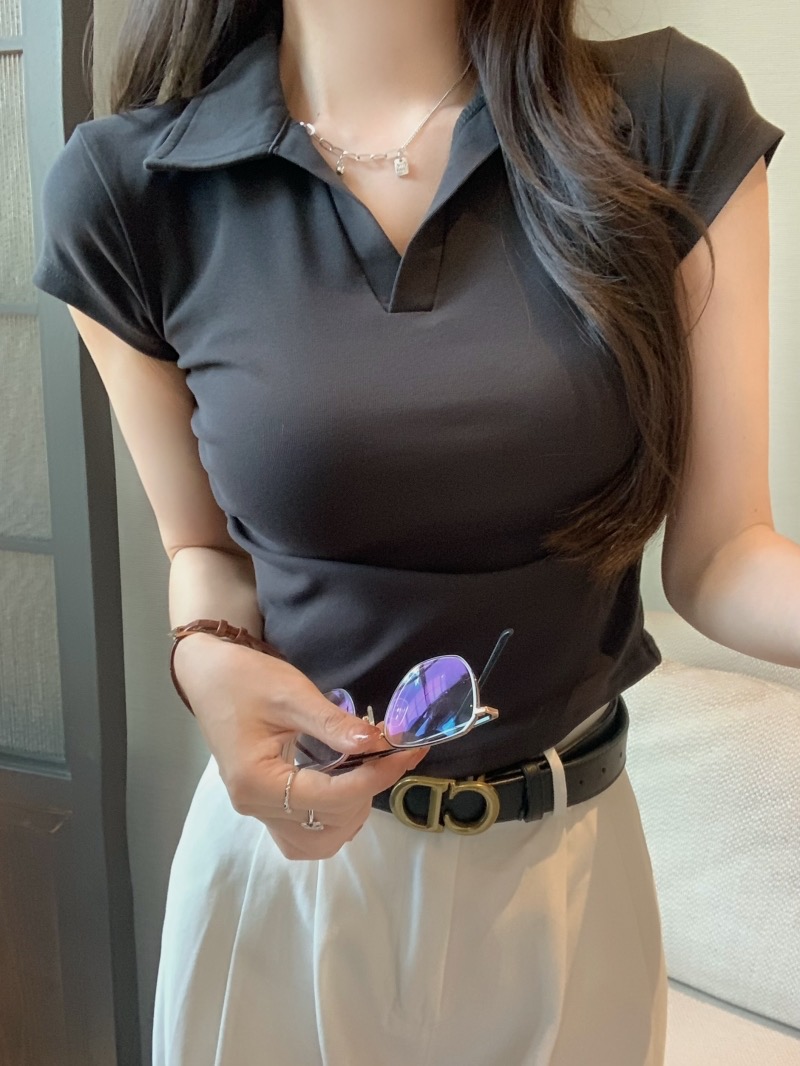 實拍  40支純棉 2024夏裝polo領收腰設計感小短袖T恤女