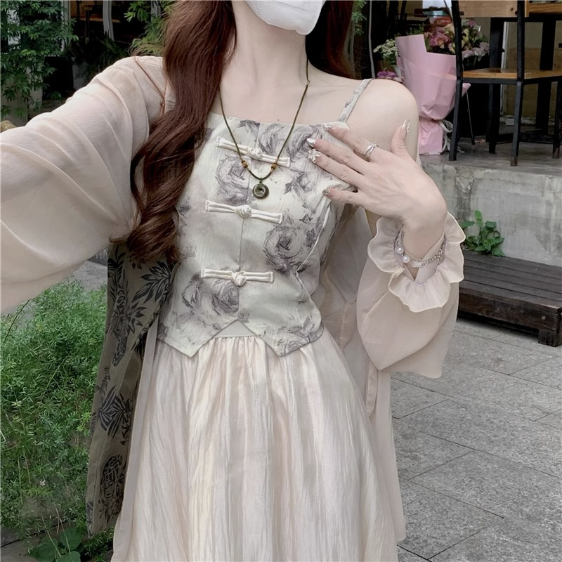 新中式盤扣輕薄長袖防曬開衫吊帶背心高腰半身裙女夏季新款三件套