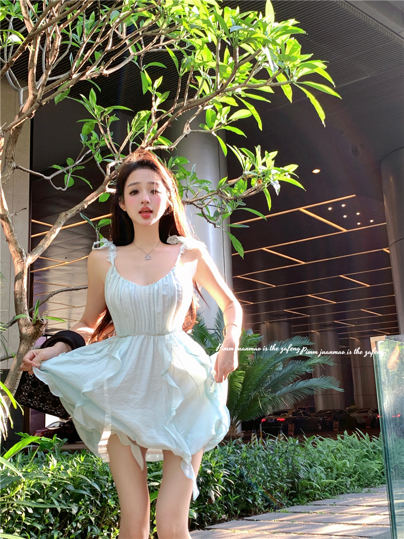實拍新款柔霧鑽條裝飾無袖連衣裙藍夏短款裙
