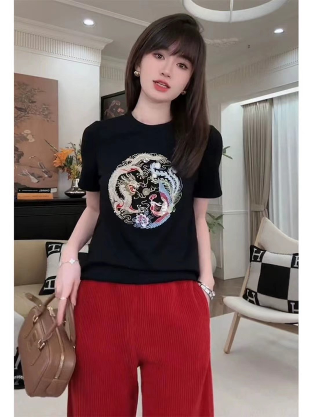 國風刺繡拼色短袖T恤女2024春季新款時尚復古打底衫寬鬆百搭上衣