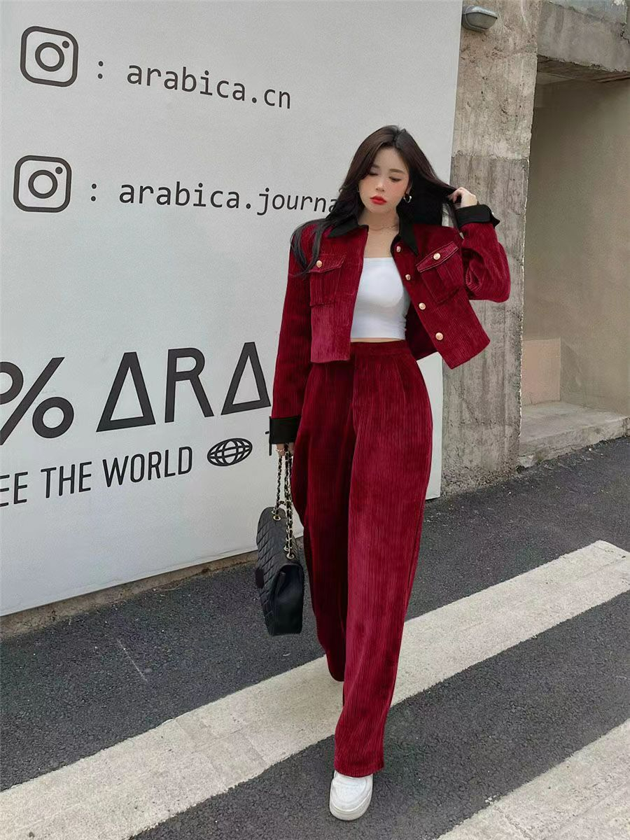燈芯絨套裝女2024春秋季新款時尚氣質名媛Polo領外套闊腿褲兩件套