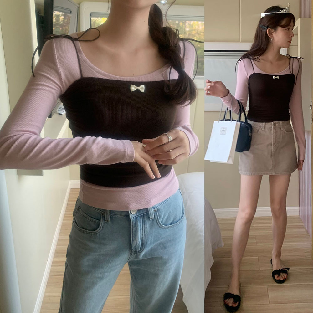 Actual shot of early spring girlish style low round neck long-sleeved top + lace-up chest strap two-piece T-shirt