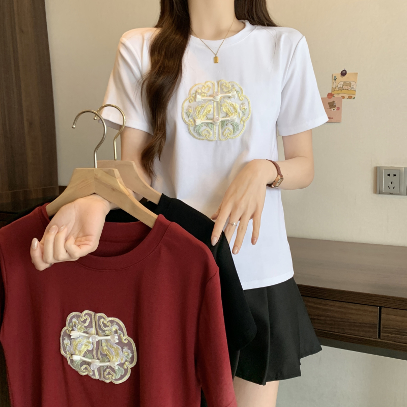 實拍 夏裝新款胖mm大碼刺繡新中式短袖T恤女顯瘦百搭國風上衣