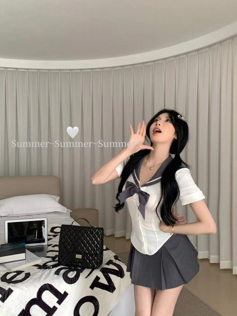 實拍~水手辣妹原創設計彈力收腰套裝百褶裙夏水手服學院辣妹