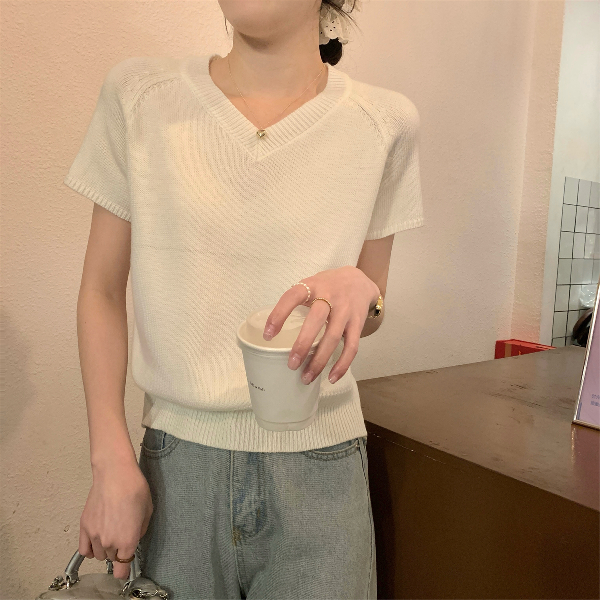 實拍 春夏韓版寬鬆v領氣質插肩純色百搭針織短袖上衣女