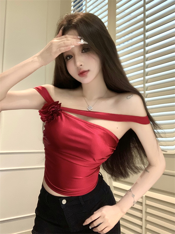 實拍  耶魯玫瑰 重工設計顯白修身抽褶抹胸紅色辣妹上衣女