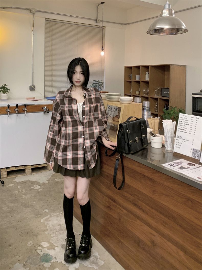 格子襯衫外套女裝2024春秋款長袖顯瘦外搭polo領襯衣日系上衣開衫