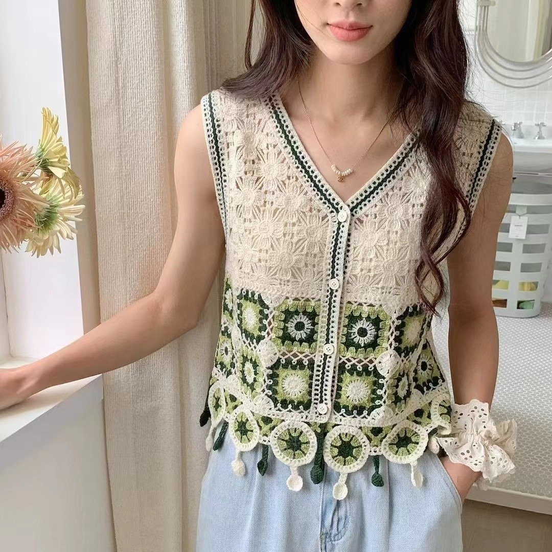 設計感鈎花鏤空流蘇針織背心馬甲女春夏新款小眾V領疊穿馬夾上衣