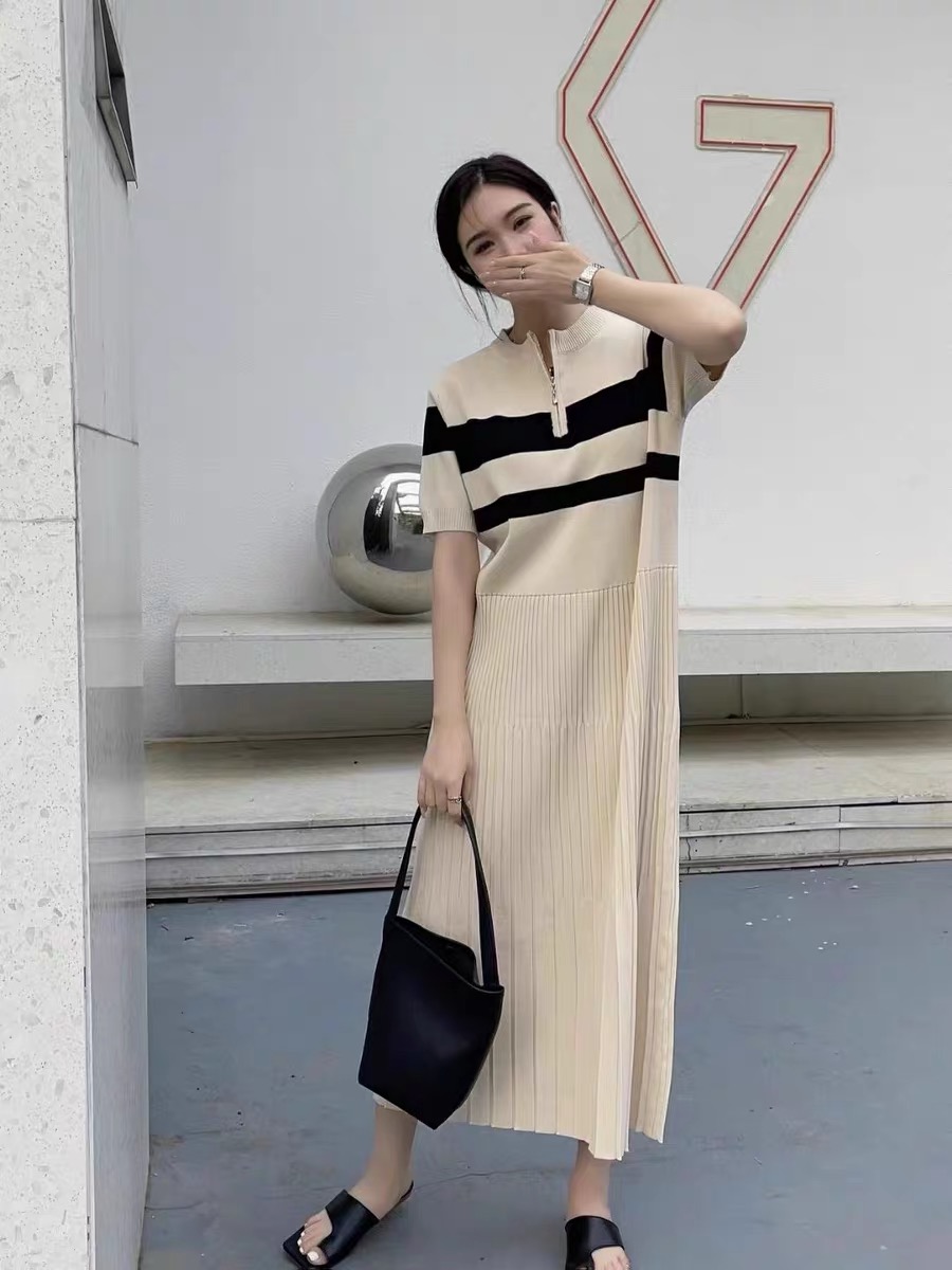 法式氣質赫本風撞色冰絲針織連衣裙港味復古chic裙子寬鬆休閒長裙