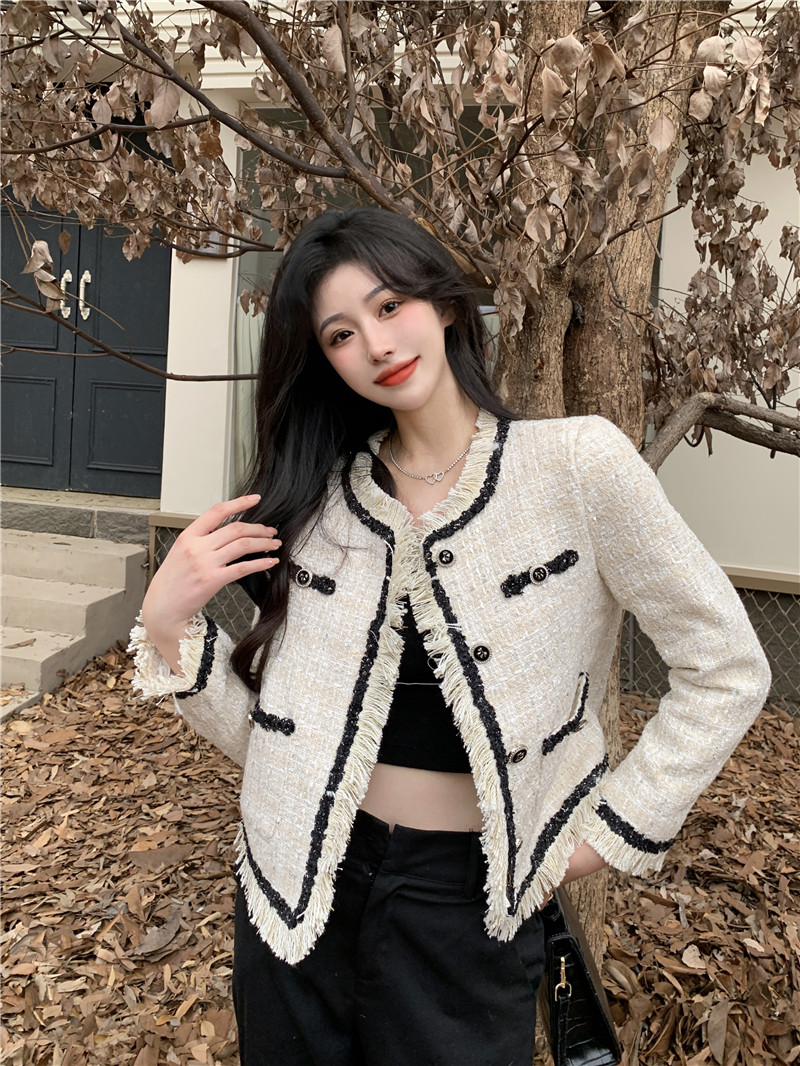 實拍~法式復古高級感粗花呢韓式精緻流蘇小香風短款外套女