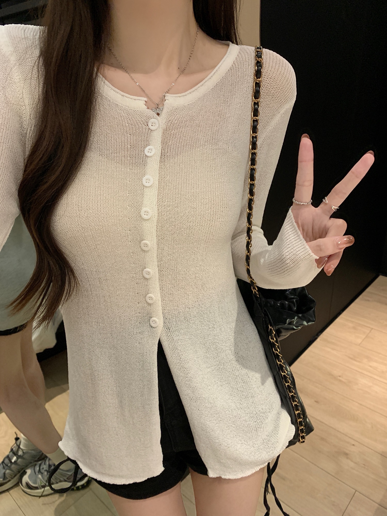 實拍~防曬開衫女鏤空冰絲針織衫女夏季薄款長袖開叉外搭罩衫