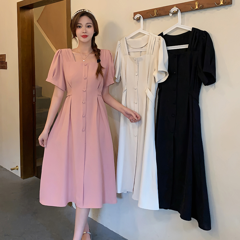 Actual shot of 2024 new summer clothes for fat mm, fashionable slimming and high-end waist slimming square neck dress