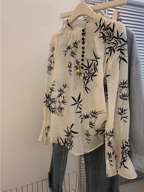 新中式墨竹印花襯衫女2024早春新款設計感小眾法式高級感小衫上衣
