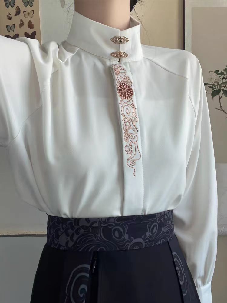 古怪舍四賢之歌刺繡立領襯衫女國風漢元素新中式漢服白色上衣