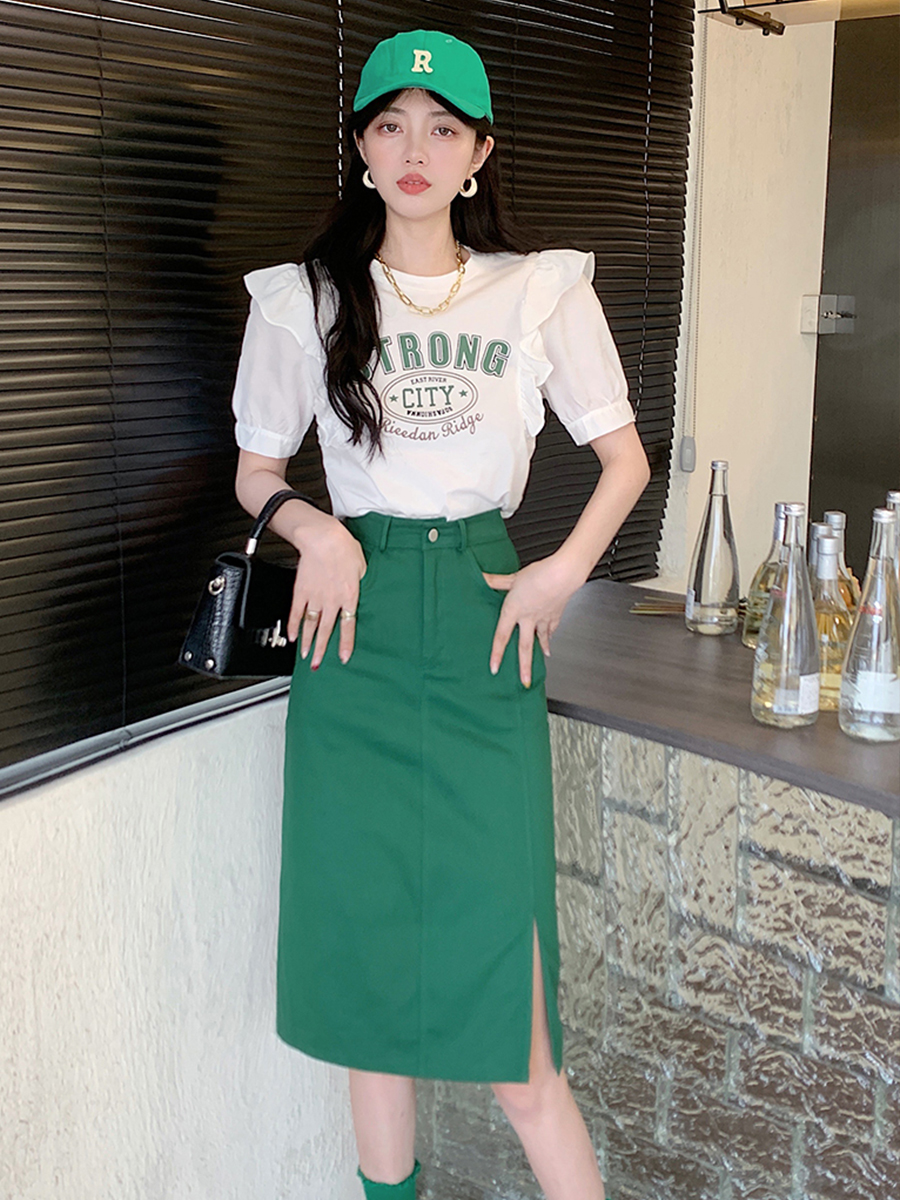 實拍 夏季套裝女洋氣T恤牛仔半身裙時尚兩件套