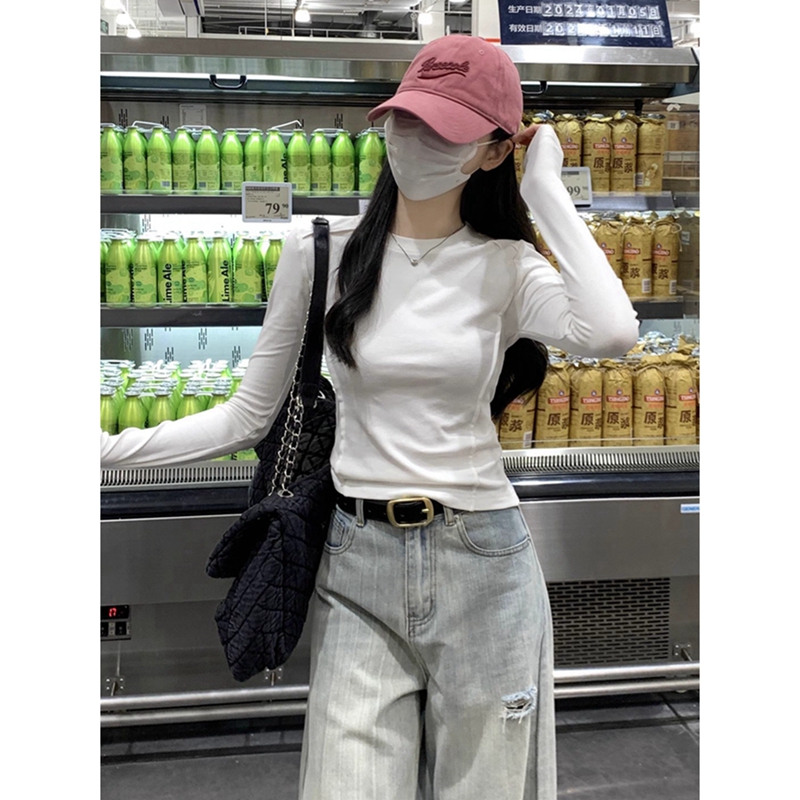 設計感慵懶風純色魚骨圓領打底衫T恤2024年早春新款女裝長袖上衣