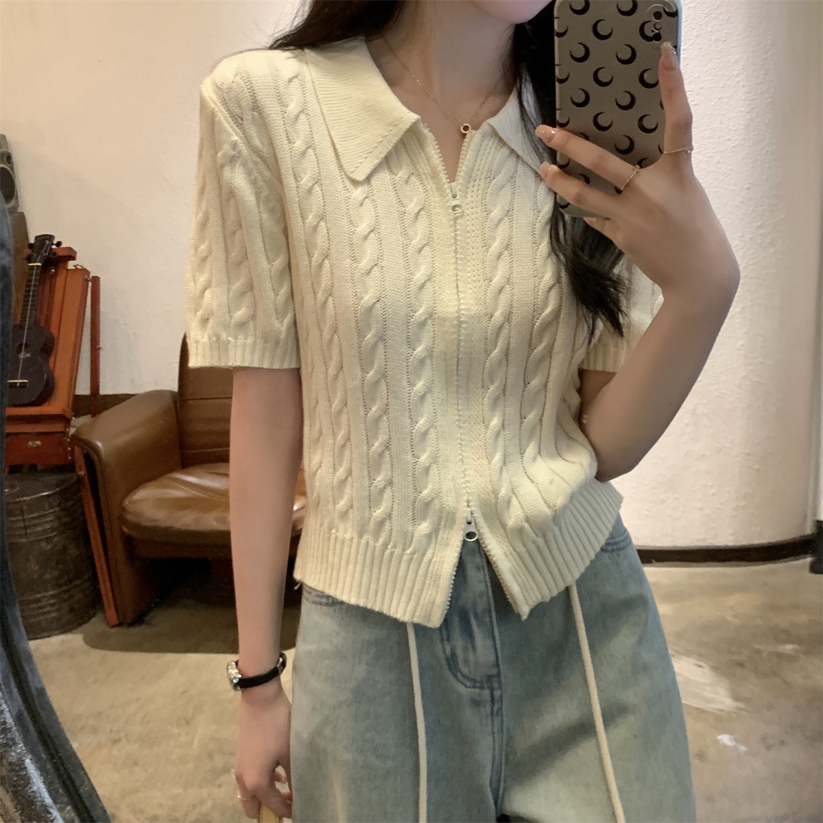 實拍 春夏韓版polo領麻花棉紗設計感拉鏈針織開衫短袖上衣女