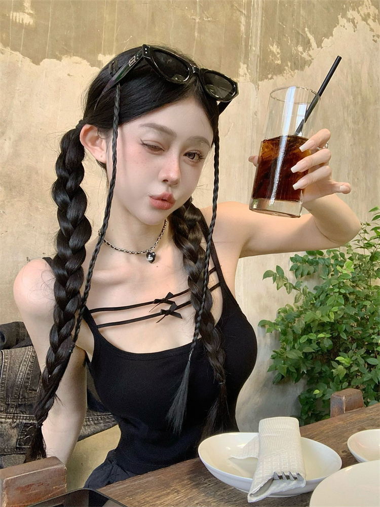 實拍～ 心尖喵醬純欲外穿吊帶背心女蝴蝶結打底上衣帶胸墊