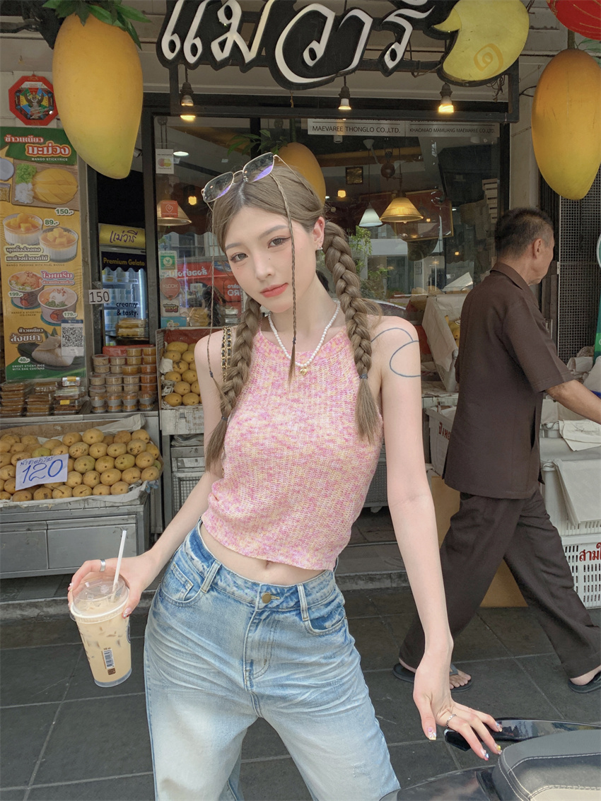 甜美露肩短款針織吊帶背心女夏季新款外穿修身顯瘦設計感漸變