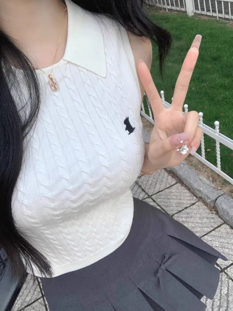 美式獨特别致甜辣妹短款polo領無袖針織小背心百搭上衣女夏季外穿
