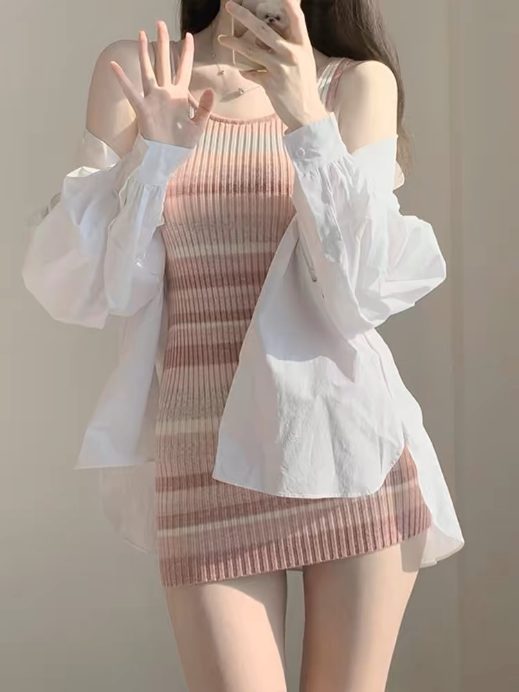 純欲性感辣妹修身短款包臀裙夏季小個子粉色條紋針織吊帶連衣裙女