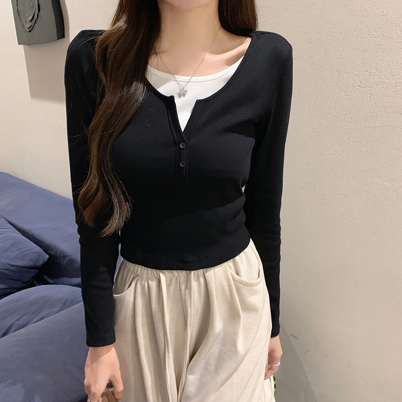 實拍2*2螺紋220克長袖t恤女春秋薄修身假兩件打底衫圓領上衣女裝