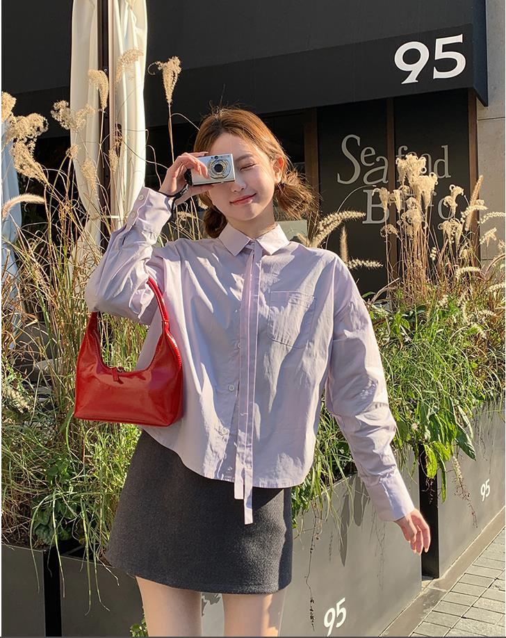 肉完霧霧紫/法式可拆卸飄帶紫色長袖襯衫女秋冬小個子純色襯衣女