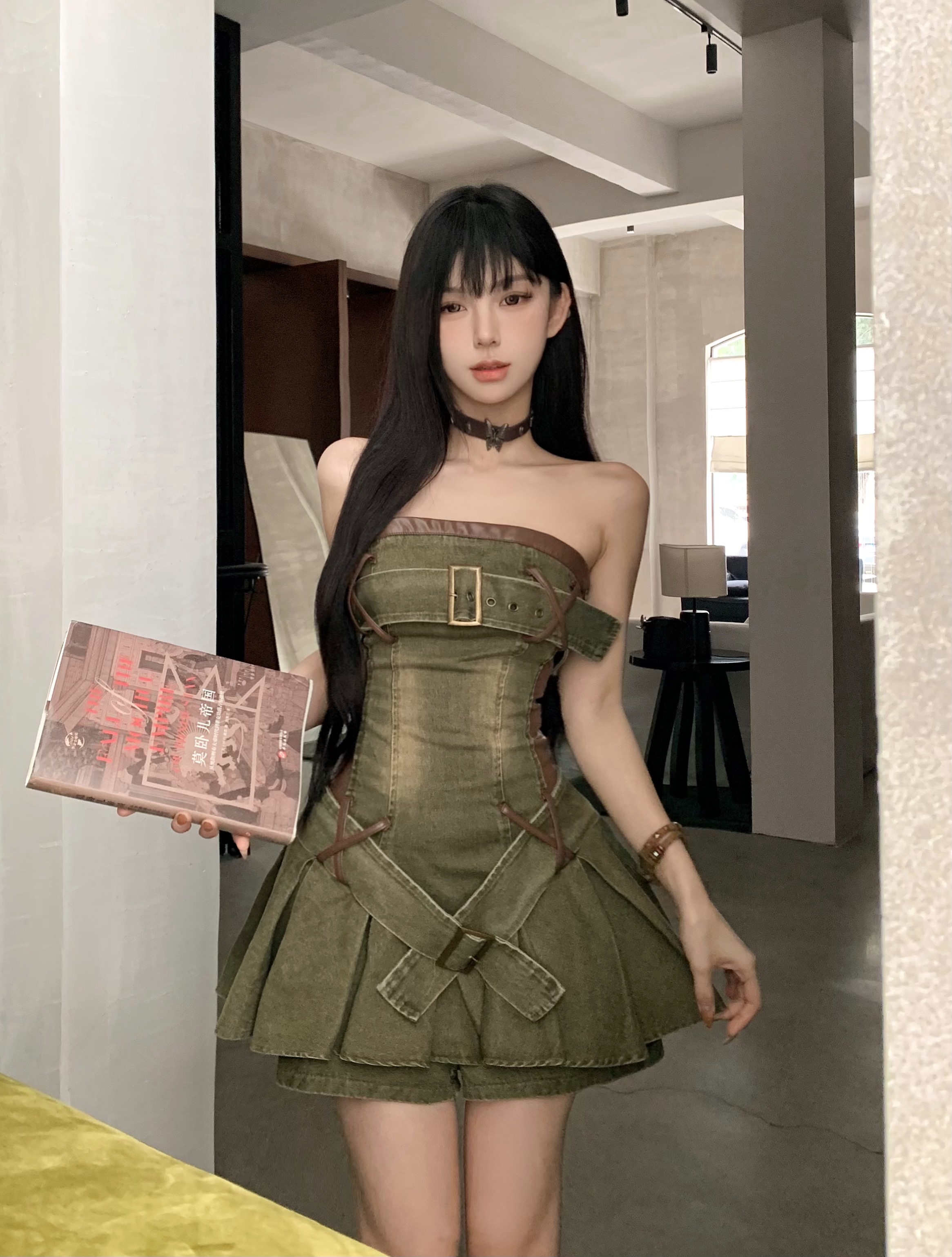 實拍 夏季性感加州辣妹抹胸棕色水洗牛仔拼皮顯瘦百褶褲裙