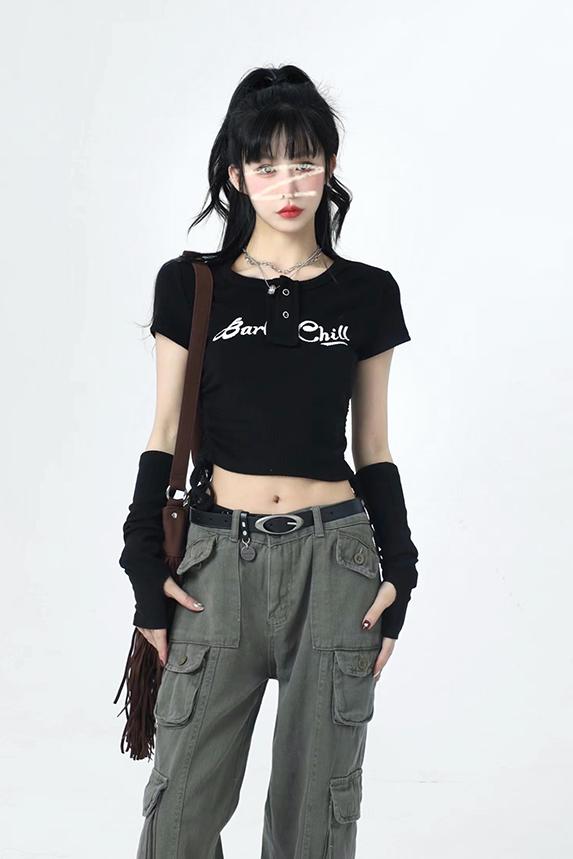 帶袖套 針織短袖t恤女夏修身正肩袖套辣妹卡腰小衫露臍短款上衣