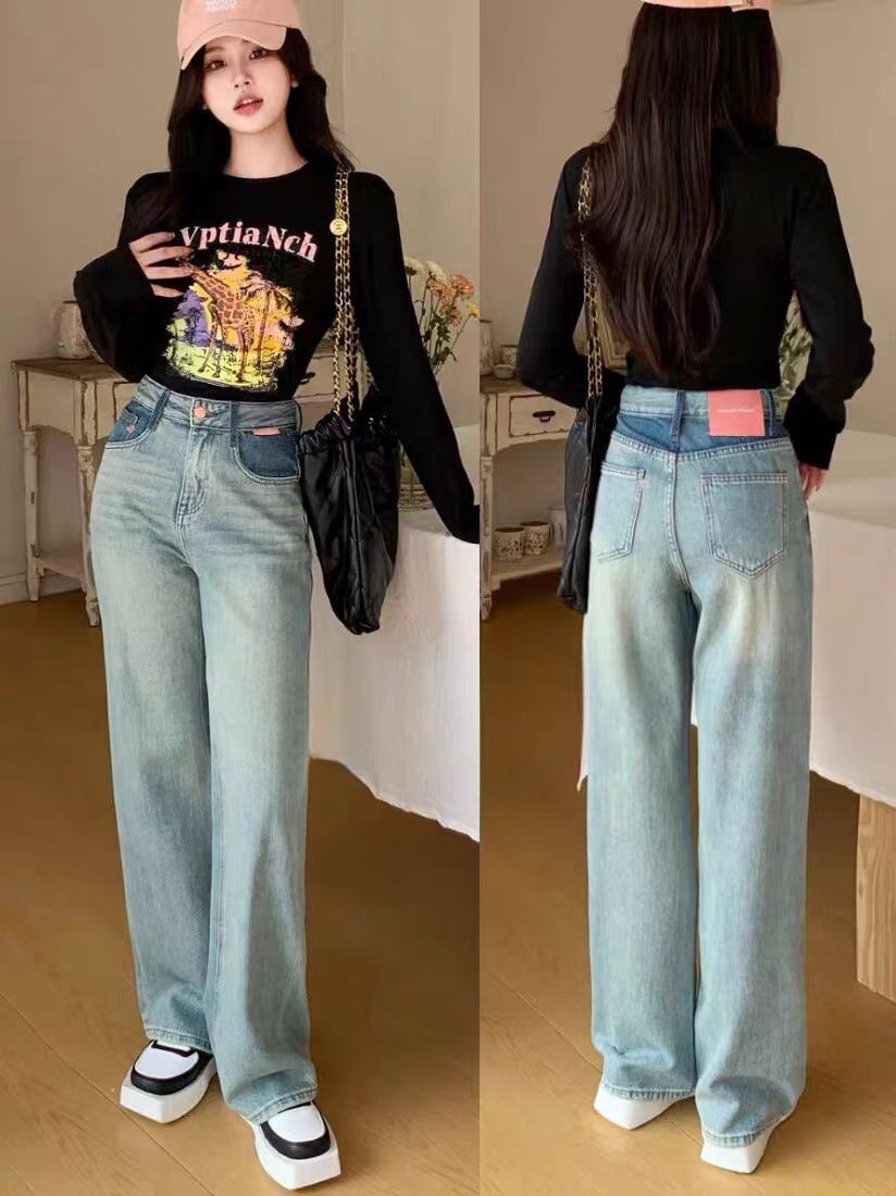 佐娜牛仔褲女春新款2024復古拼色高腰闊腿褲淺藍直筒褲拖地長褲女