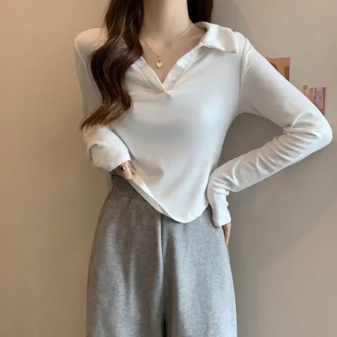 韓版polo領春季辣妹設計感修身白色短款上衣長袖純色休閒超修身
