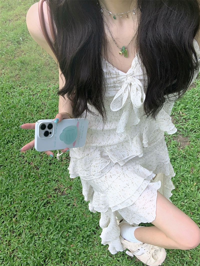 實拍#超仙荷葉邊吊帶連衣裙女夏碎花不規則氣質海邊沙灘長裙