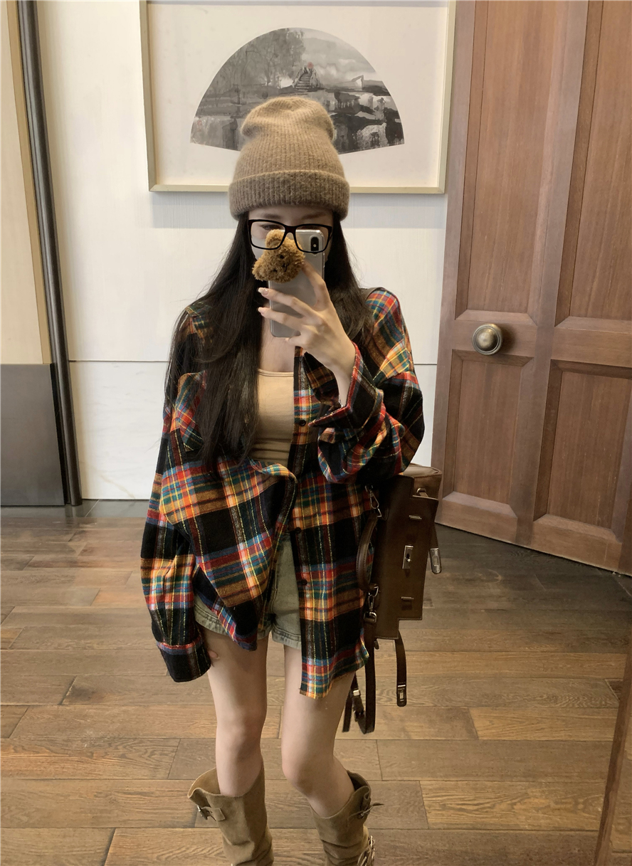 復古格子polo領襯衫外套女春季韓版小個子中長款寬鬆襯衣別致上衣