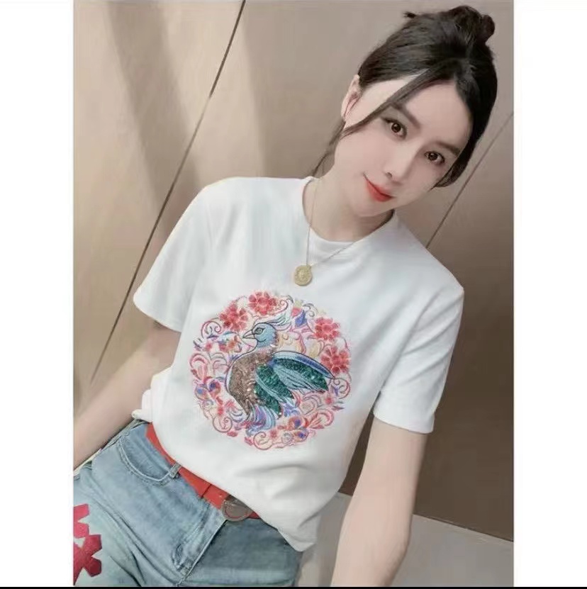 新中式國風提花刺繡短袖t恤女2024年夏季新款黑色辣妹風修身上衣