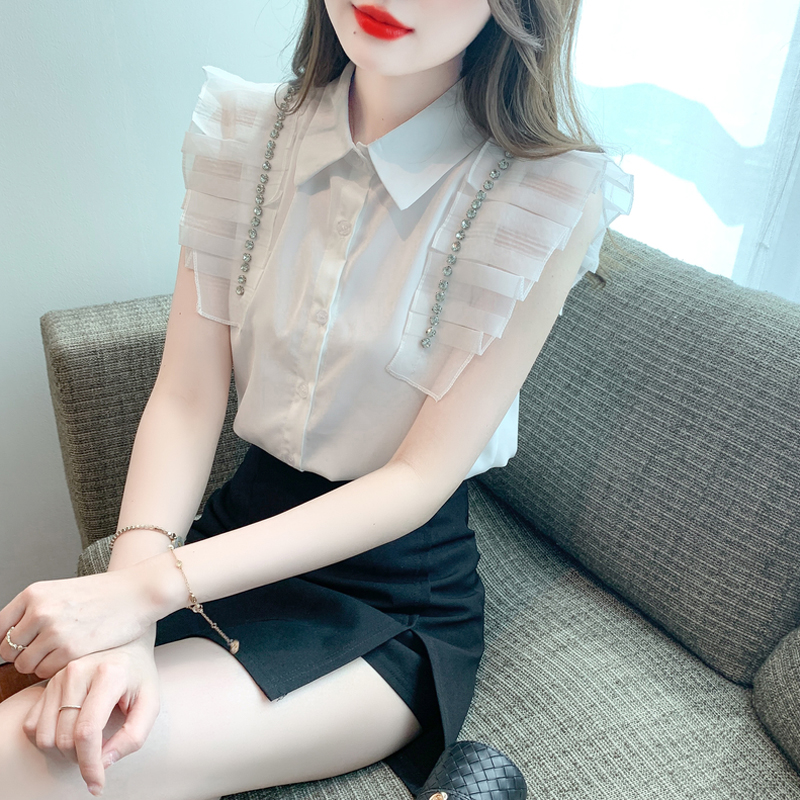 實拍夏2024新款上衣女時尚設計重工鑽飛飛袖純色襯衫緞面氣質小衫