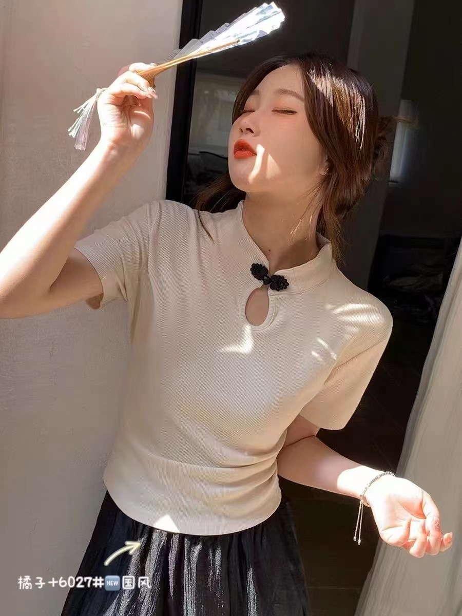 新中式國風短袖T恤女2024夏季新款修身短款設計感正肩純棉上衣潮