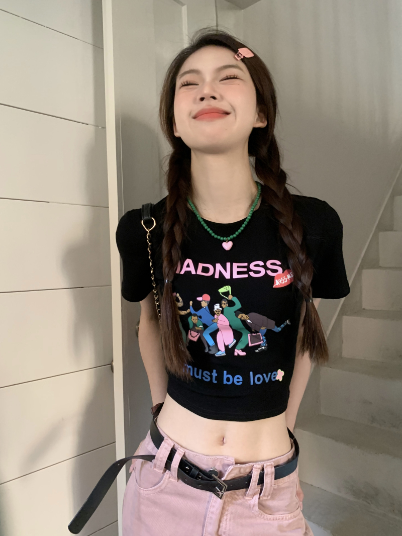 美式復古字母印花短袖T恤女2024夏季新款甜酷辣妹短款上衣打底衫