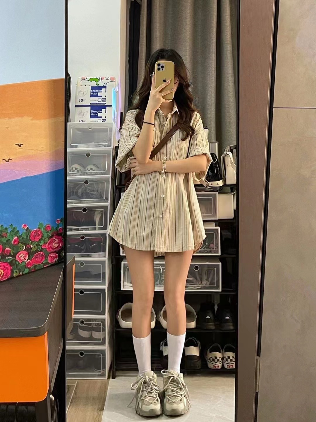 大碼條紋襯衫女復古港味寬鬆短袖設計感小眾慵懶風情侶班服襯衣夏