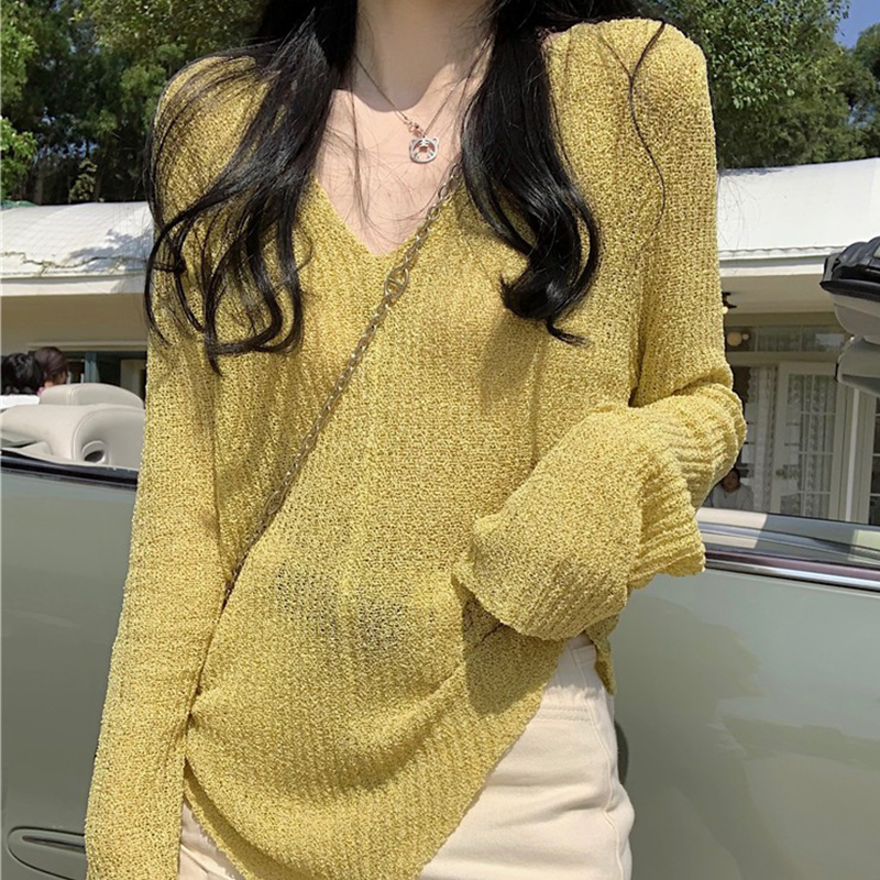 薄款小眾V領開衫女防曬衫夏季修身寬鬆黑色內搭針織衫設計感上衣