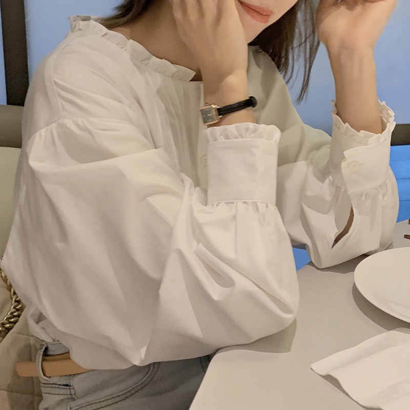 木耳邊白色襯衫女春設計感小眾寬鬆洋氣時尚立領上衣氣質打底襯衣