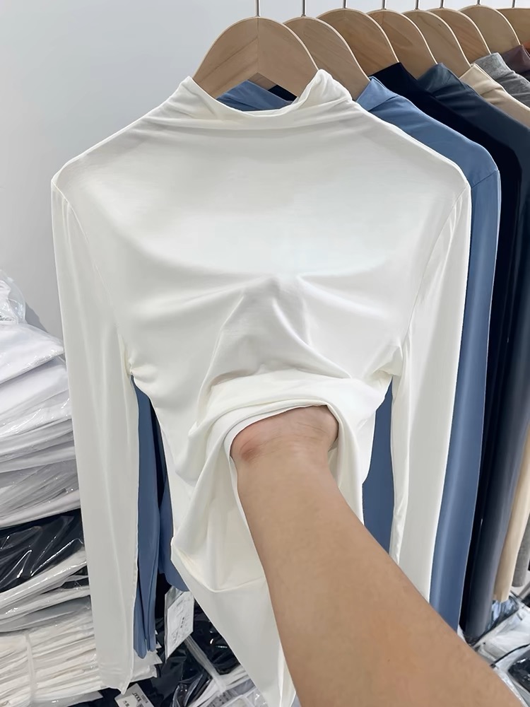 半高領打底衫女內搭打底衫春秋季上衣黑白色中領莫代爾長袖t恤薄