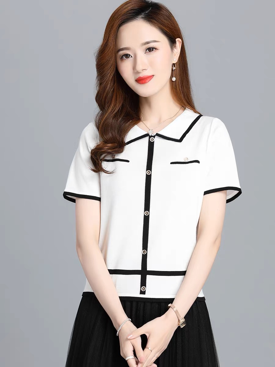 Short-sleeved women's 2024 new doll collar t-shirt middle-aged mother ice silk sweater top lapel summer body shirt S