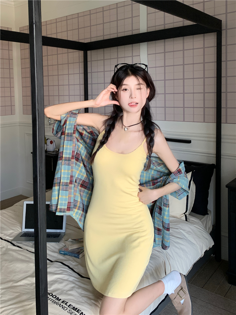 實拍 新款 韓系少女吊帶彈力吊帶裙+翻領寬鬆格子外穿襯衫