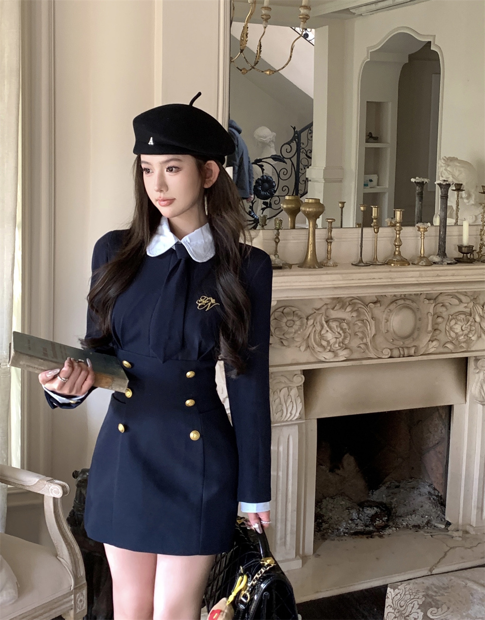 實拍polo領連衣裙女秋設計感收腰長袖a字短裙子