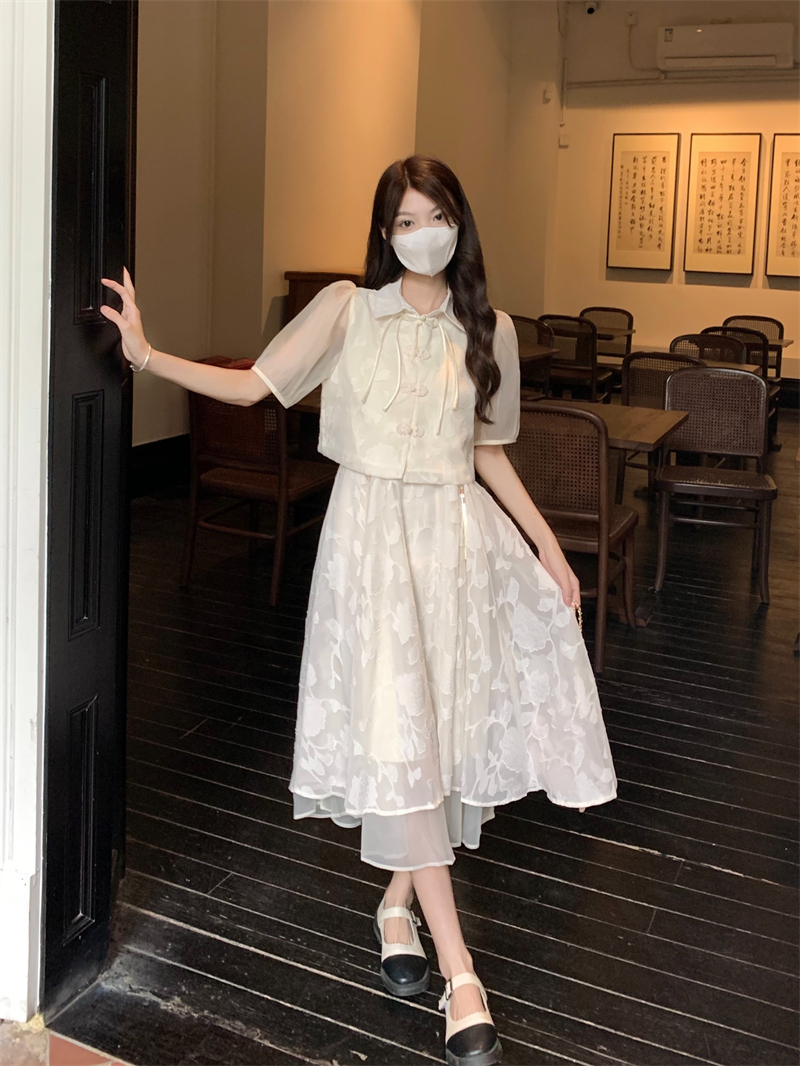 高級感新中式旗袍改良版兩件套套裝女氣質顯瘦吊帶中長款連衣裙子