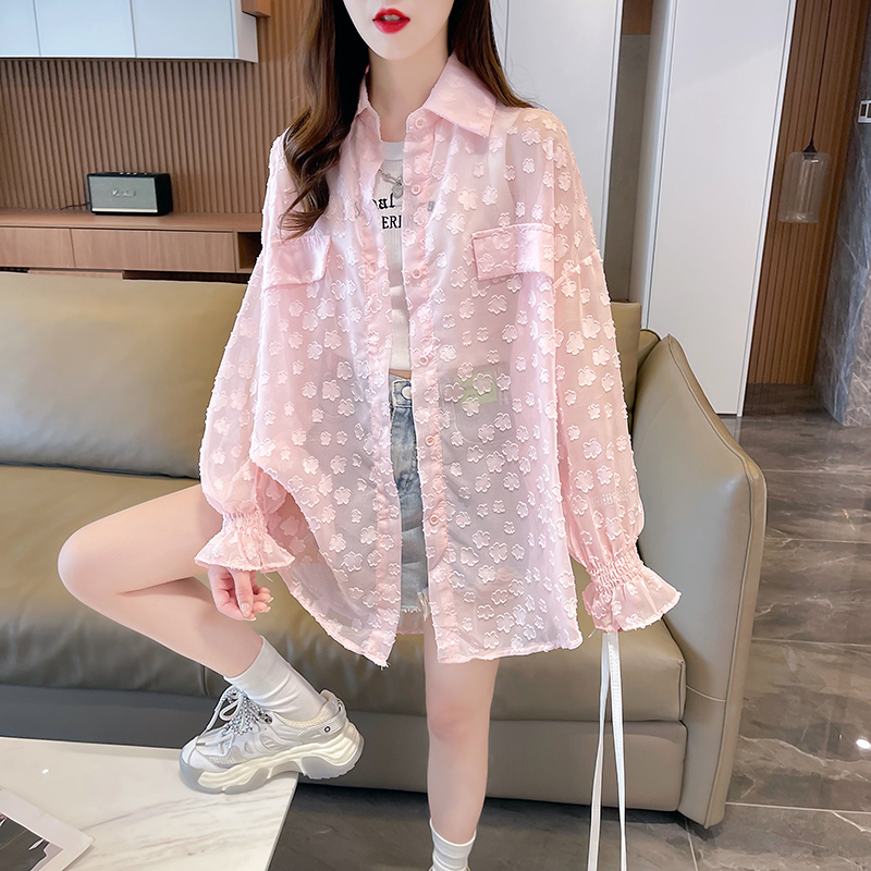 實拍~2024夏季防曬襯衫新款大碼寬鬆百搭上衣女