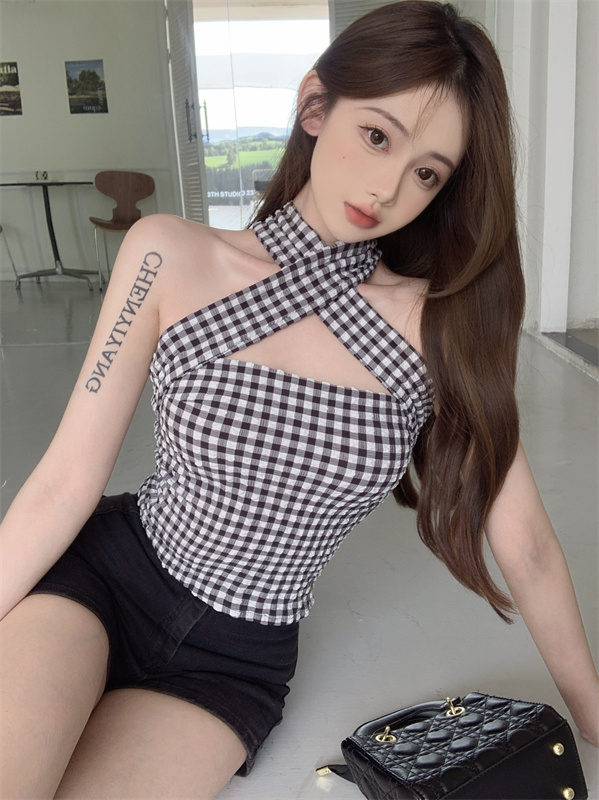 實拍 法式性感修身顯瘦格子掛脖吊帶上衣女