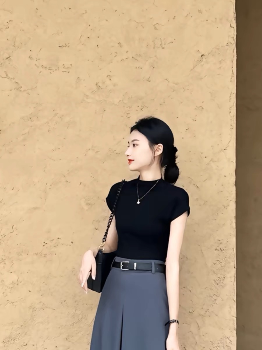 黑色正肩短袖針織女2024新款春秋季內搭中領針織打底衫半高領上衣